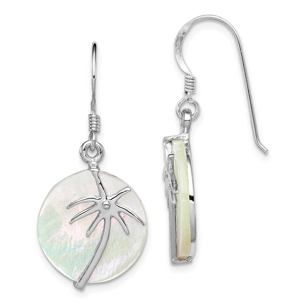 QE12487 Sterling Silver Rhodium-plated Polished Round Mother of Pearl Palm Tree Earrings