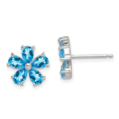 QE1248 Sterling Silver Rhodium Plated Blue Topaz Flower Earrings