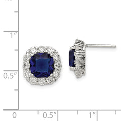 QE12493 Sterling Silver Rhodium-plated Blue Glass and CZ Post Earrings