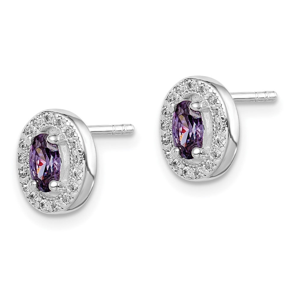 QE12554 Sterling Silver Rhod-plated w/ Purple and White CZ Oval Stud Earrings