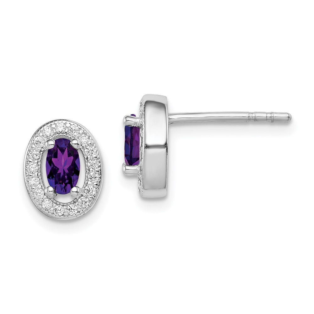 QE12554 Sterling Silver Rhod-plated w/ Purple and White CZ Oval Stud Earrings