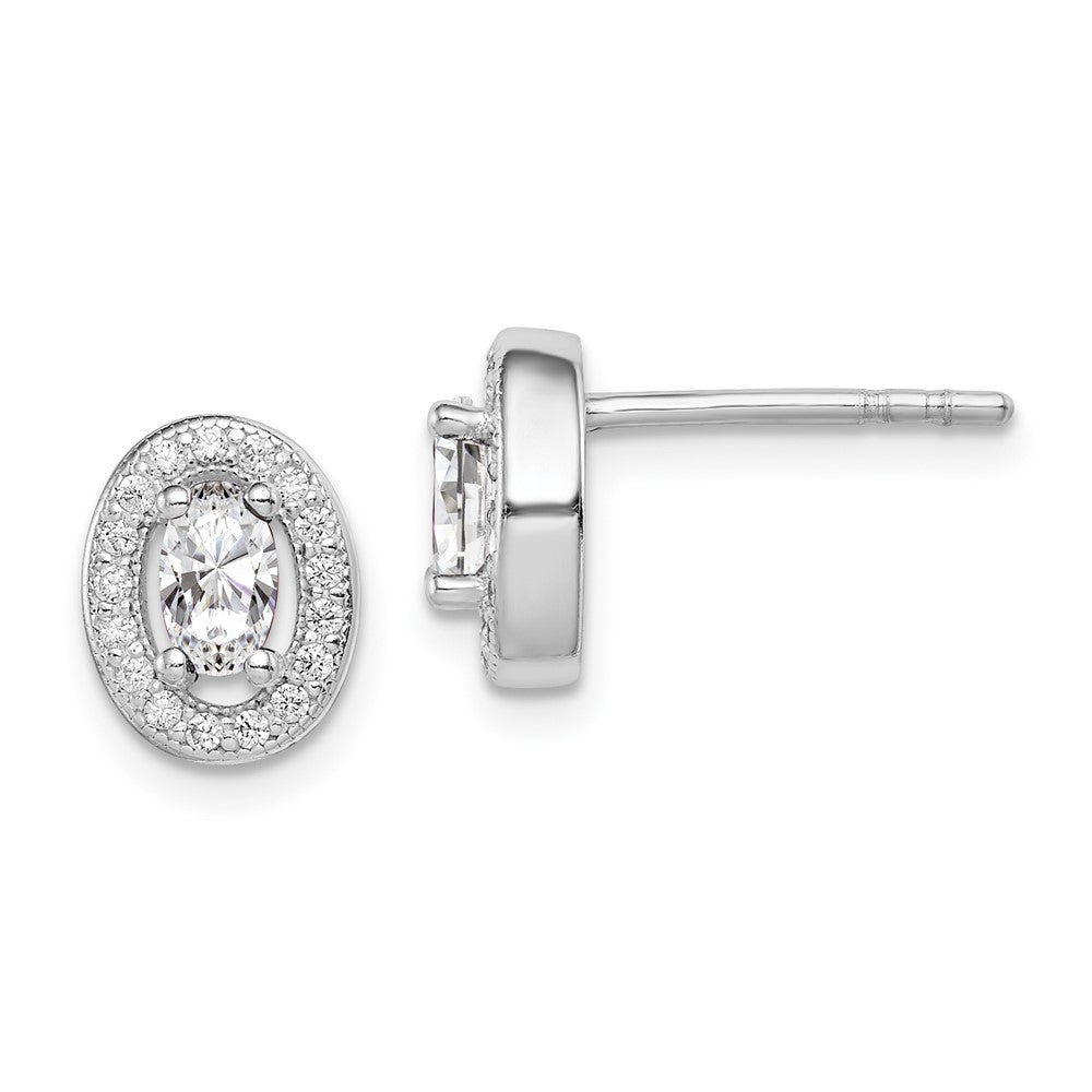 QE12556 Sterling Silver Rhodium-plated w/ CZ Oval Stud Earrings