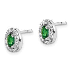 QE12557 Sterling Silver Rhod-plated w/ Green and White CZ Oval Stud Earrings