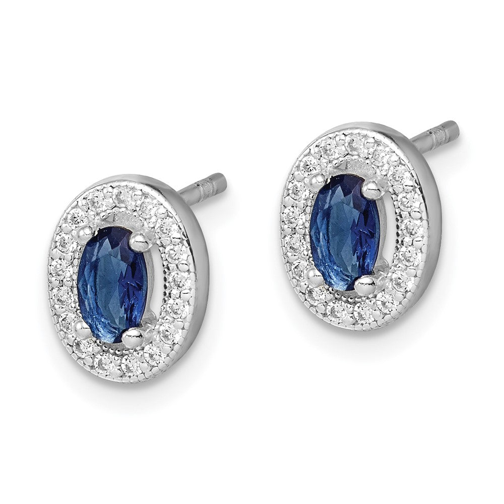 QE12561 Sterling Silver Rhod-plated Blue and White CZ Oval Stud Earrings