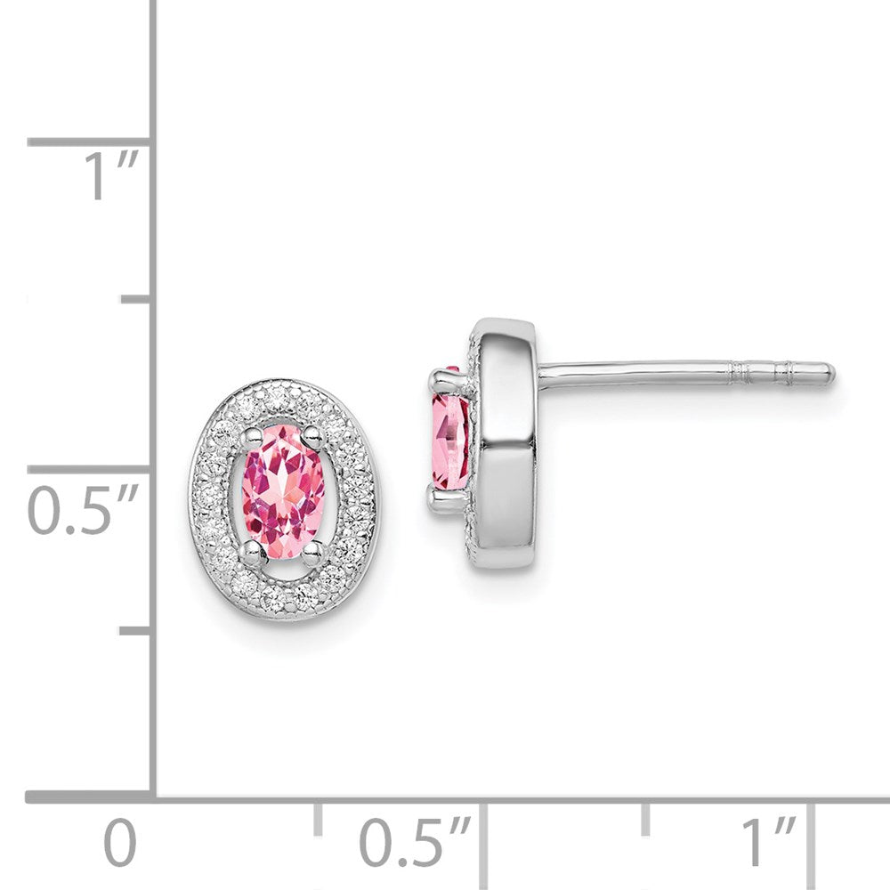 QE12562 Sterling Silver Rhod-plated Pink and White CZ Oval Stud Earrings