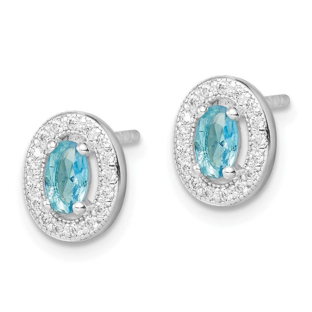 QE12564 Sterling Silver Rhod-plated Blue and White CZ Oval Stud Earrings