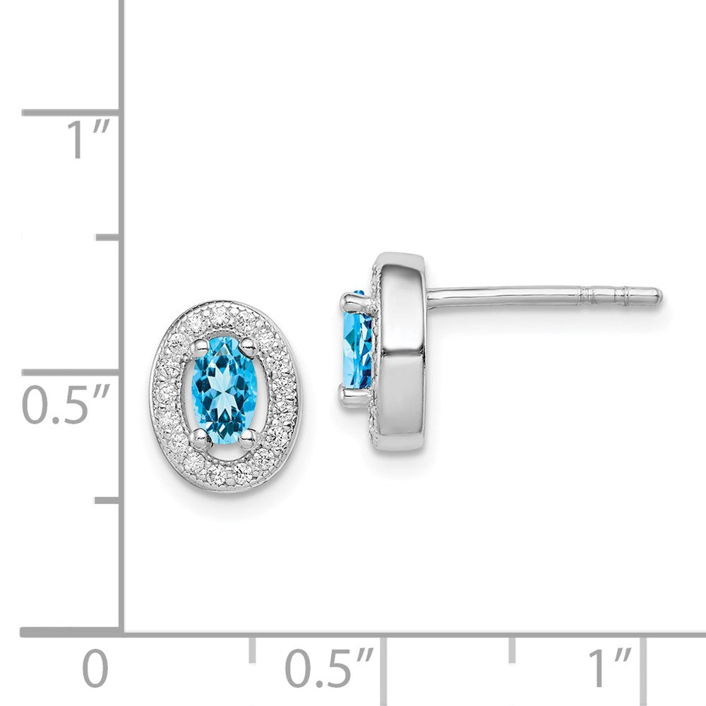 QE12564 Sterling Silver Rhod-plated Blue and White CZ Oval Stud Earrings