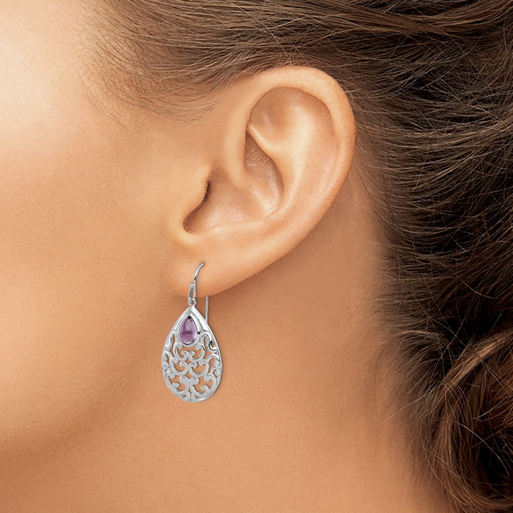QE12569 Sterling Silver Rhodium-plated Amethyst Teardrop Shepherd Hook Earrings