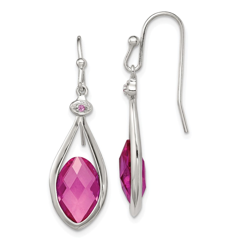 QE12570 Sterling Silver RH-plated Polished Synthetic Pink Bead Shepherd Hook Earri