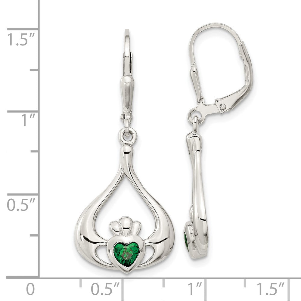 QE12571 Sterling Silver Rhod-pltd Grn CZ Heart Leverback Claddagh Dangle Earrings