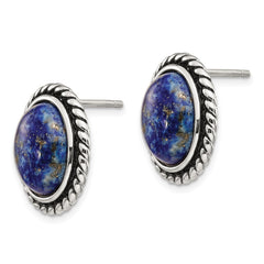 QE12584 Sterling Silver Polished/Antiqued Lapis Cabochon Post Earrings