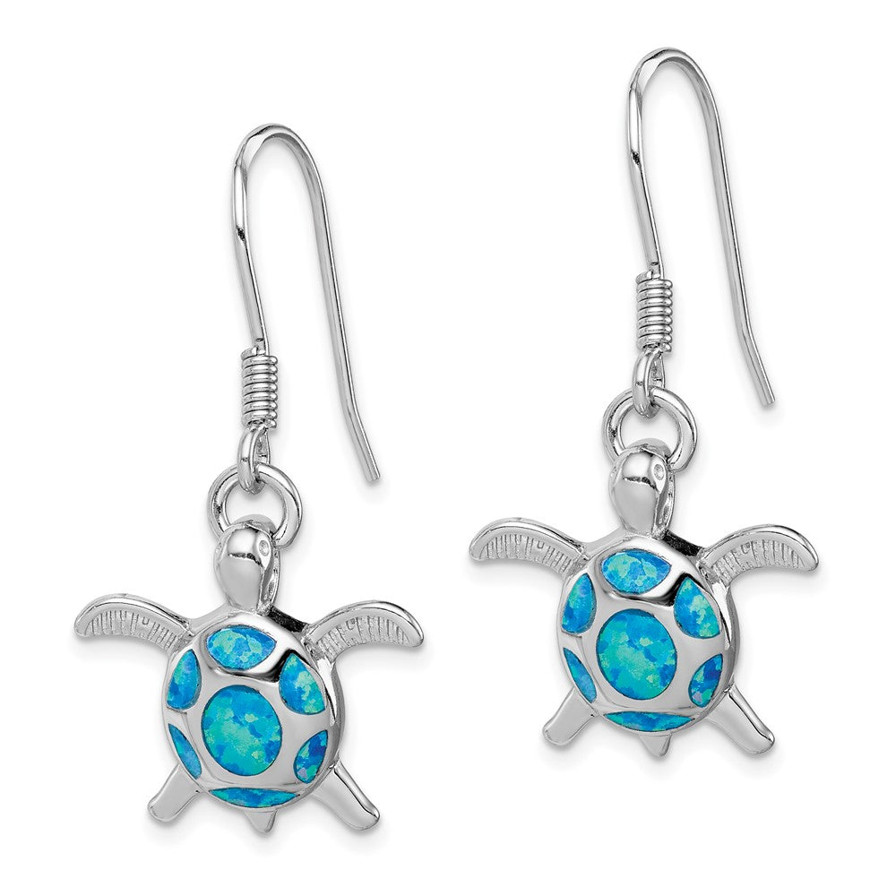 QE12599 Sterling Silver Rhodium-plated Polished Created Blue Opal Turtle Shepherd Hook Earrings