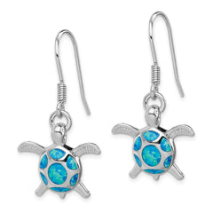 QE12599 Sterling Silver Rhodium-plated Polished Created Blue Opal Turtle Shepherd Hook Earrings