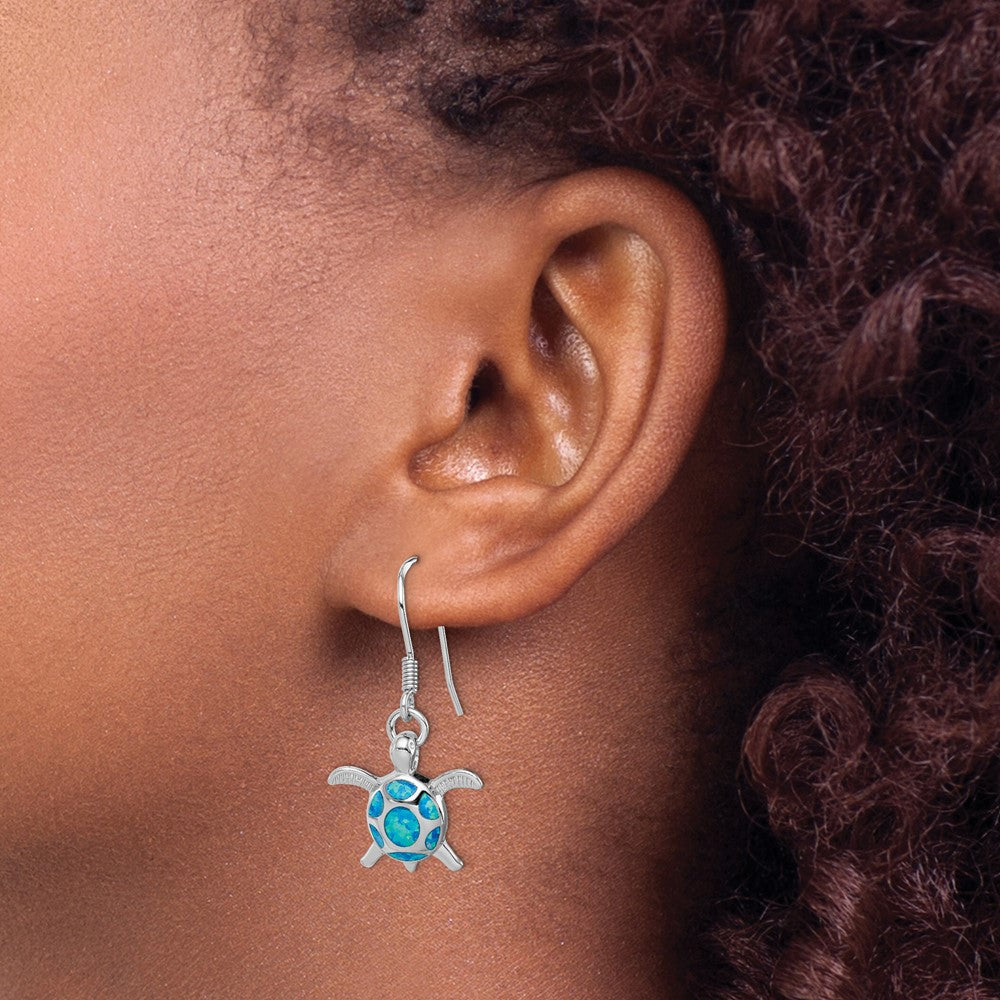 QE12599 Sterling Silver Rhodium-plated Polished Created Blue Opal Turtle Shepherd Hook Earrings
