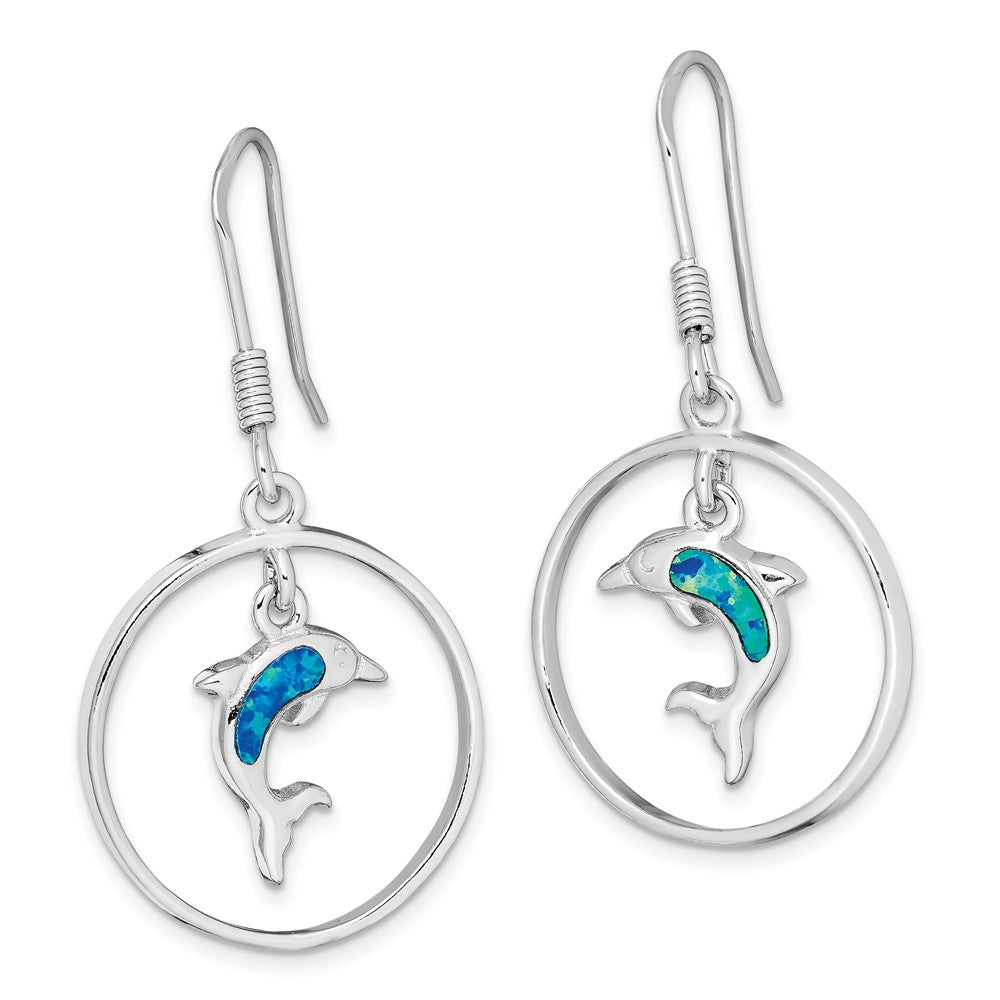 QE12600 Sterling Silver Rhodium-plated Polished Created Blue Opal Dolphin Dangle Earrings