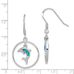 QE12600 Sterling Silver Rhodium-plated Polished Created Blue Opal Dolphin Dangle Earrings