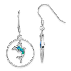QE12600 Sterling Silver Rhodium-plated Polished Created Blue Opal Dolphin Dangle Earrings