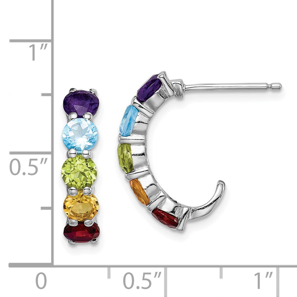 QE12617M Sterling Silver Rhodium-plated Multi Gemstone J-Hoop Earrings