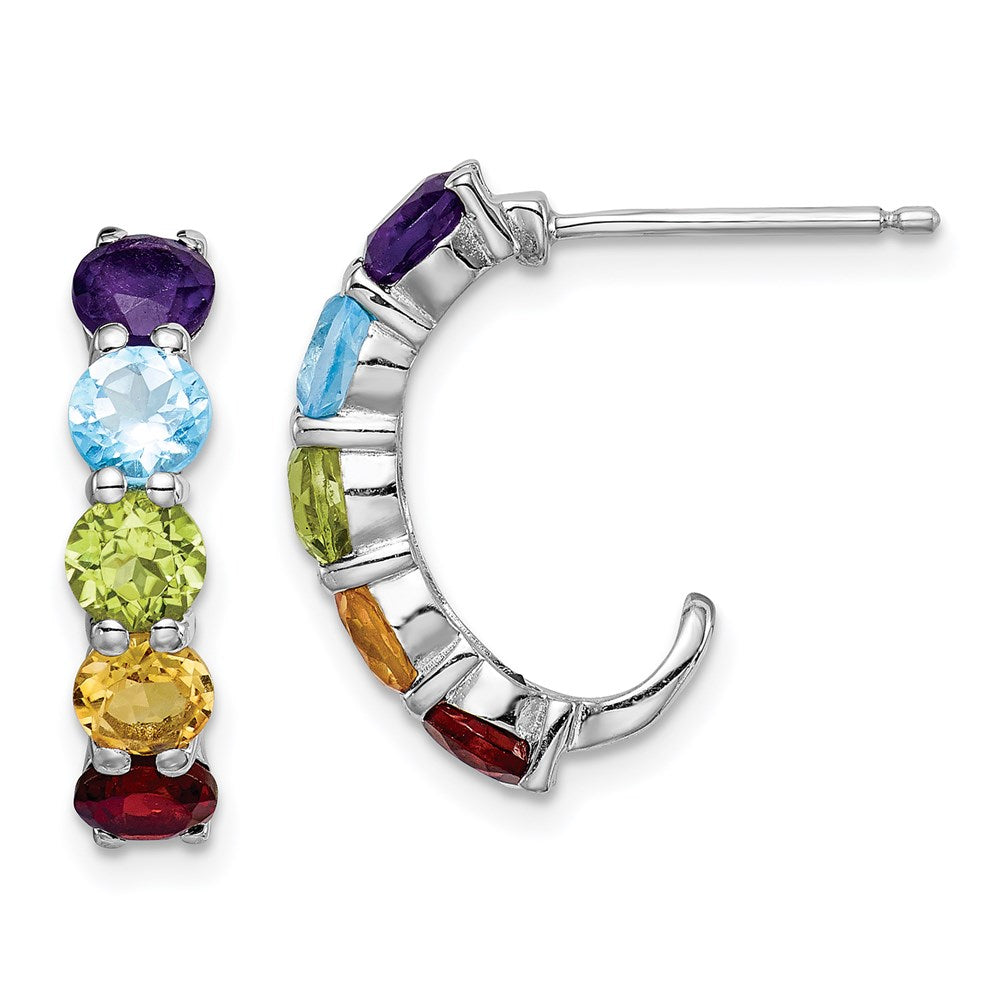 QE12617M Sterling Silver Rhodium-plated Multi Gemstone J-Hoop Earrings
