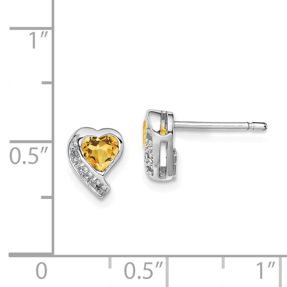 QE12618CI Sterling Silver Rhodium-plated Citrine and Diamond Heart Earrings