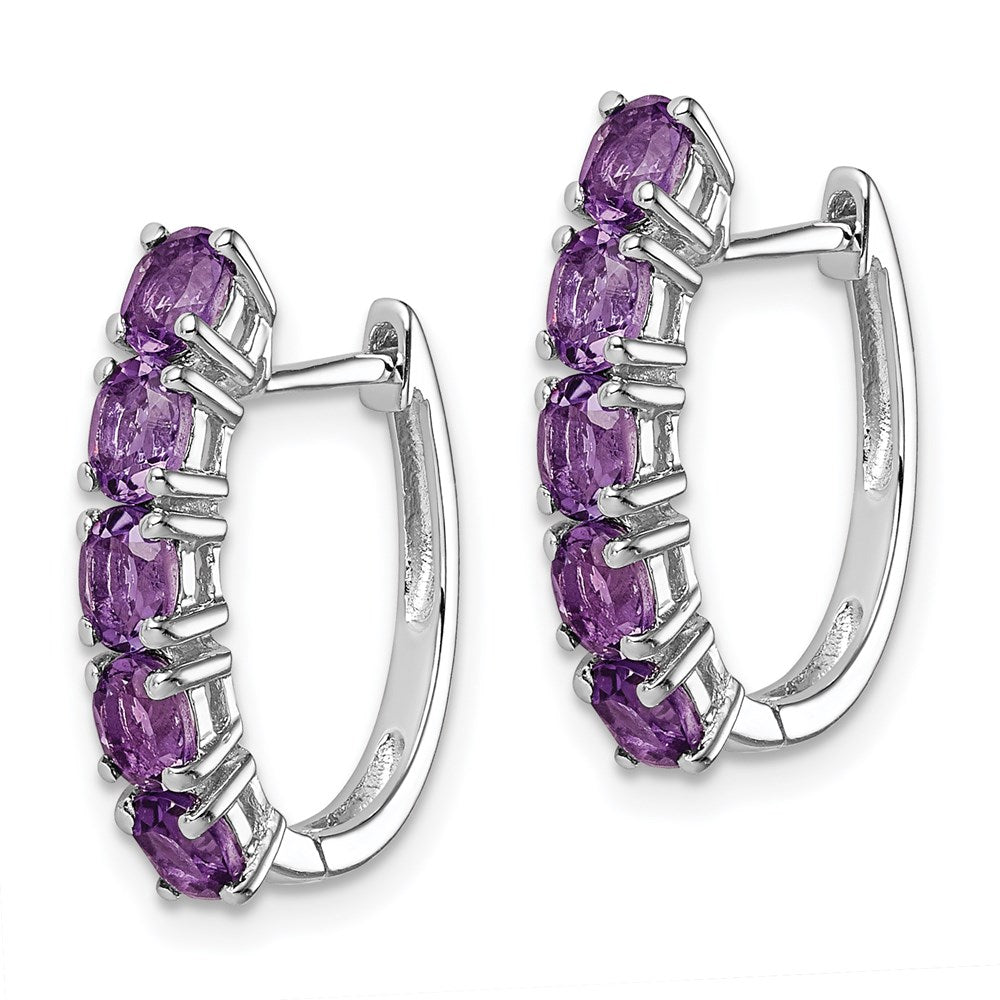 QE12619AM Sterling Silver Rhodium-plated Polished Amethyst Hinged Hoop Earrings