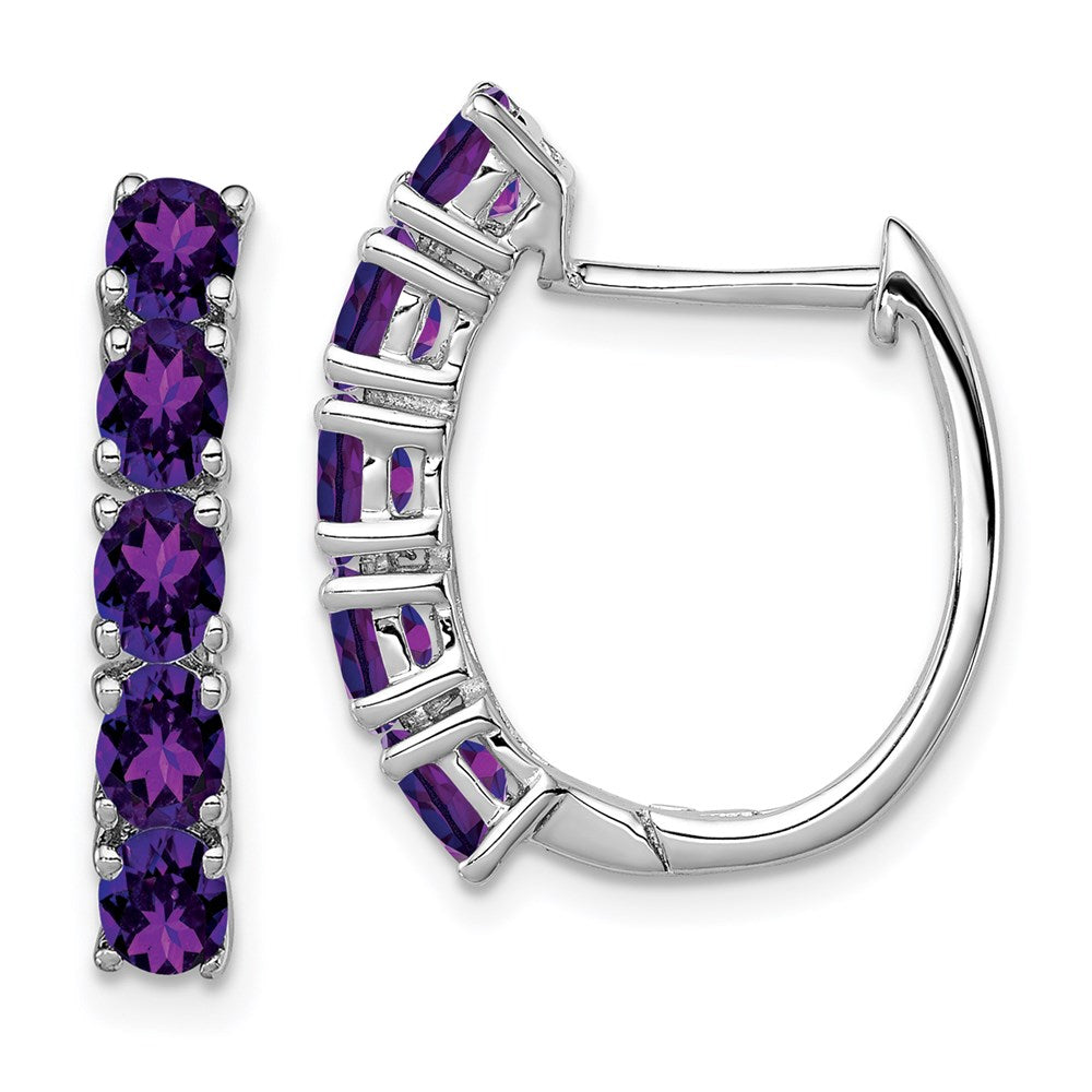 QE12619AM Sterling Silver Rhodium-plated Polished Amethyst Hinged Hoop Earrings