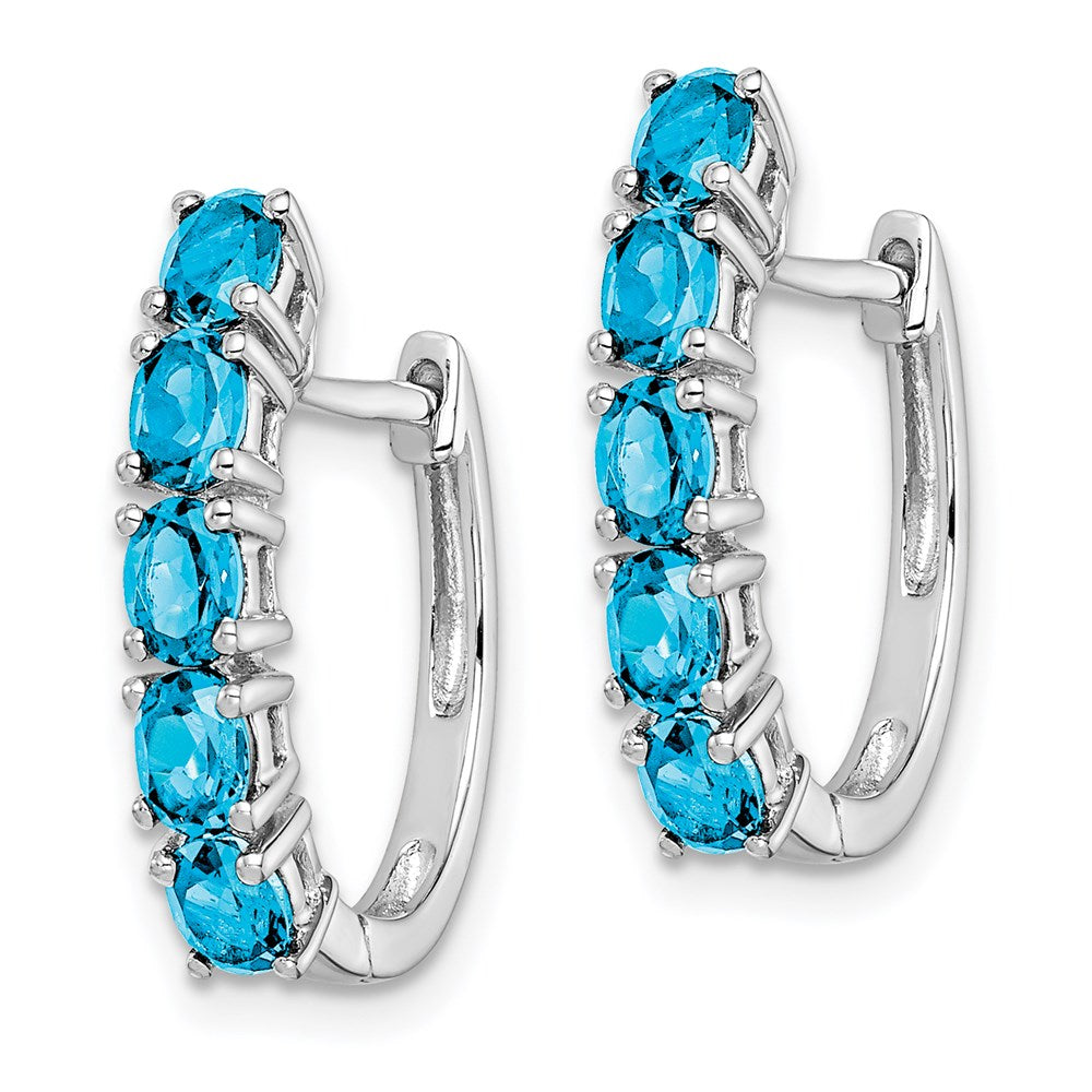 QE12619BT Sterling Silver Rhodium Plated Polished Blue Topaz Hinged Hoop Earrings