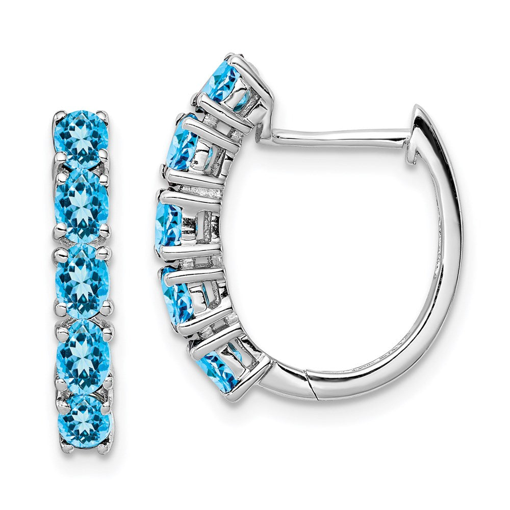 QE12619BT Sterling Silver Rhodium Plated Polished Blue Topaz Hinged Hoop Earrings