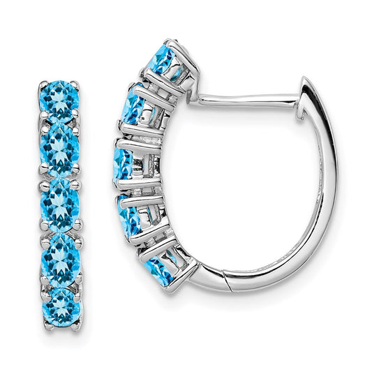 QE12619BT Sterling Silver Rhodium Plated Polished Blue Topaz Hinged Hoop Earrings