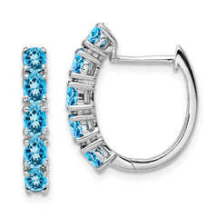 QE12619BT Sterling Silver Rhodium Plated Polished Blue Topaz Hinged Hoop Earrings