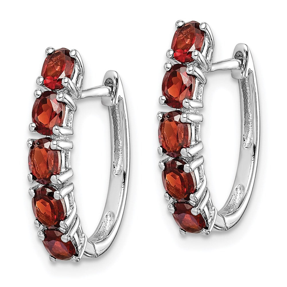 QE12619GA Sterling Silver Rhodium-plated Polished Garnet Hinged Hoop Earrings