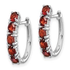 QE12619GA Sterling Silver Rhodium-plated Polished Garnet Hinged Hoop Earrings