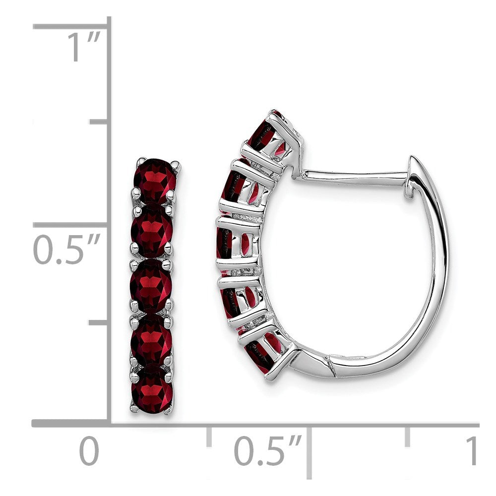 QE12619GA Sterling Silver Rhodium-plated Polished Garnet Hinged Hoop Earrings