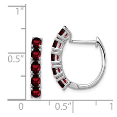 QE12619GA Sterling Silver Rhodium-plated Polished Garnet Hinged Hoop Earrings