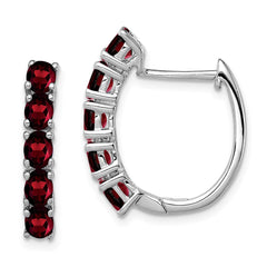 QE12619GA Sterling Silver Rhodium-plated Polished Garnet Hinged Hoop Earrings