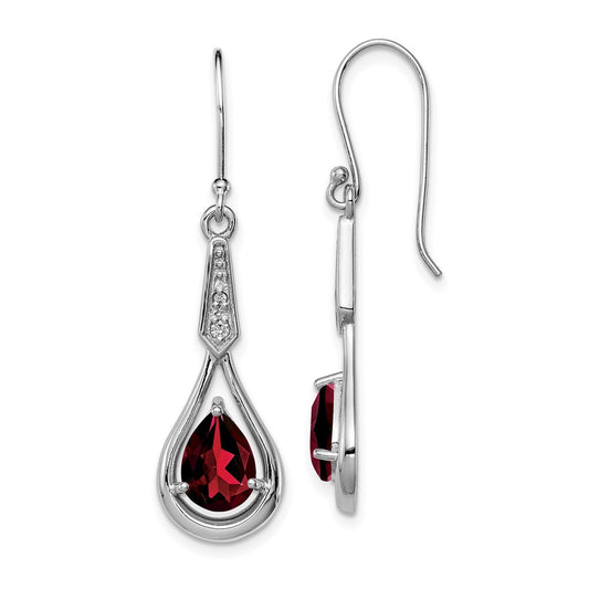QE12622GA Sterling Silver Rhodium-plated CZ and Garnet Shepherd Hook Earrings