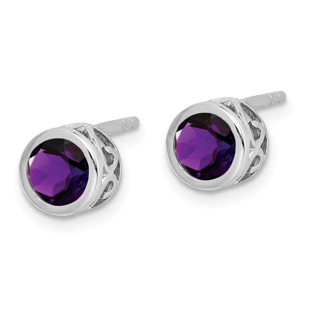 QE12625AM Sterling Silver Rhodium-plated Polished Amethyst Round Post Earrings