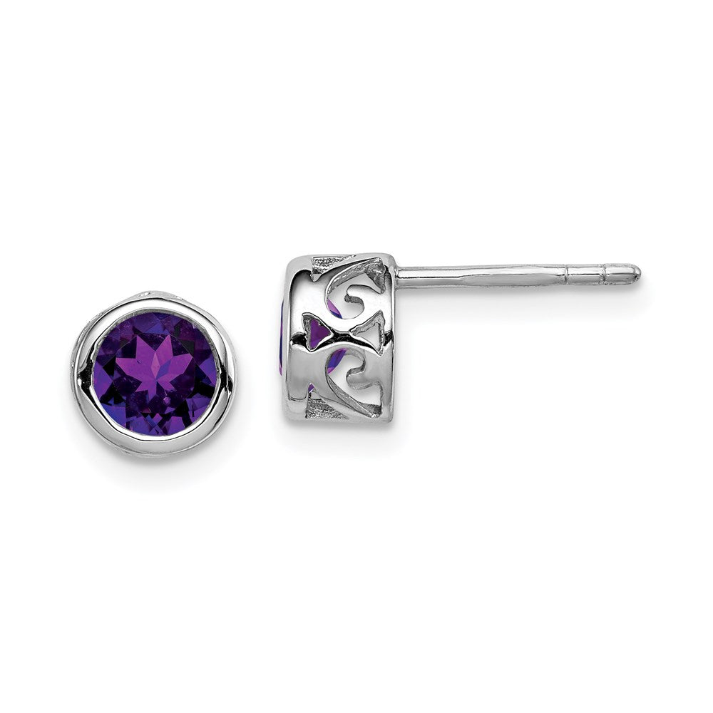 QE12625AM Sterling Silver Rhodium-plated Polished Amethyst Round Post Earrings