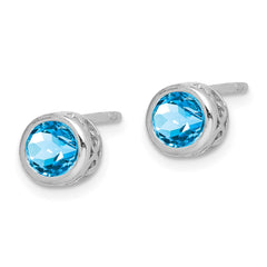 QE12625BT Sterling Silver Rhodium Polished Blue Topaz Round Post Earrings
