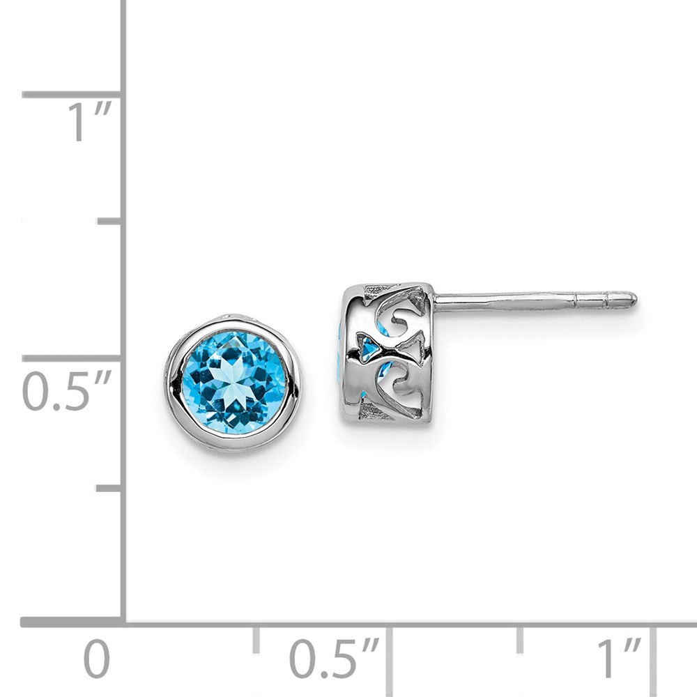 QE12625BT Sterling Silver Rhodium Polished Blue Topaz Round Post Earrings