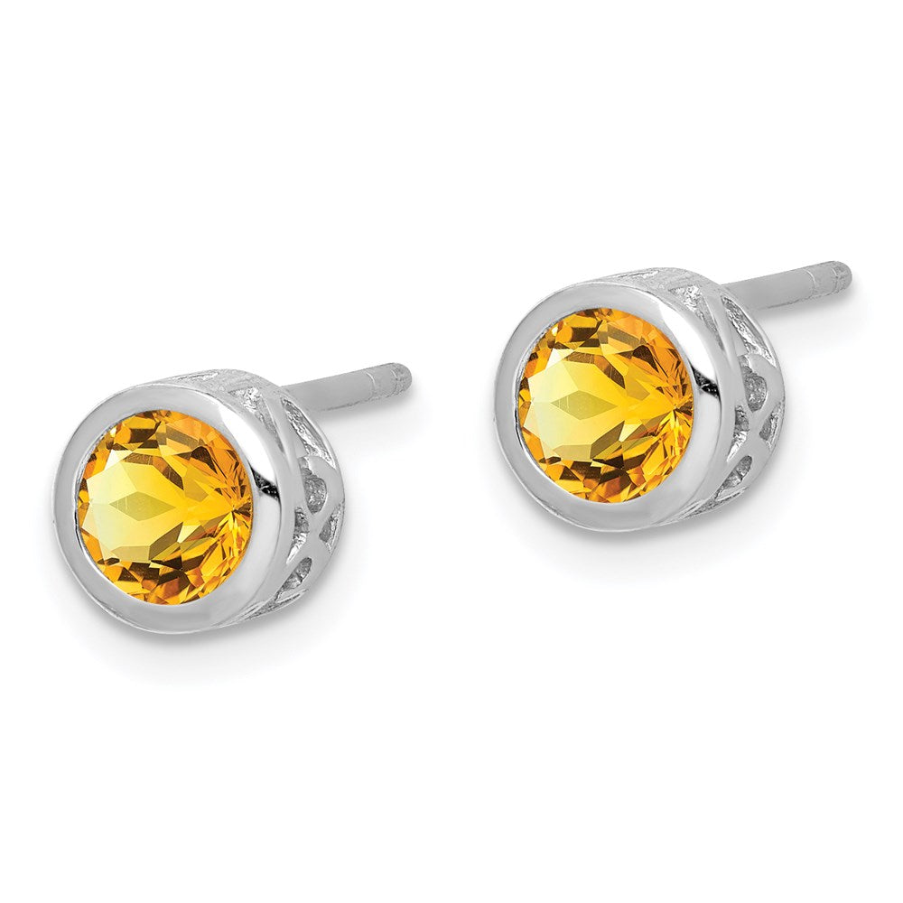 QE12625CI Sterling Silver Rhodium-plated Polished Citrine Round Post Earrings