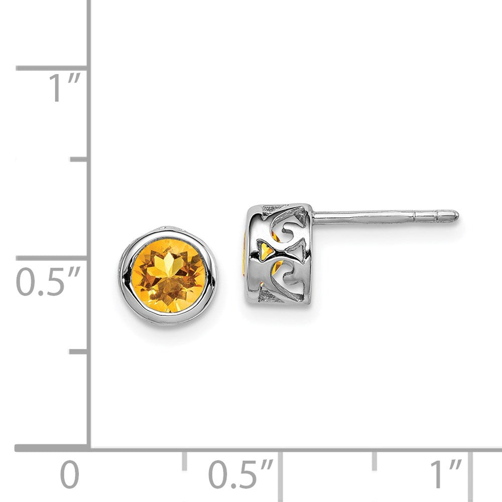 QE12625CI Sterling Silver Rhodium-plated Polished Citrine Round Post Earrings