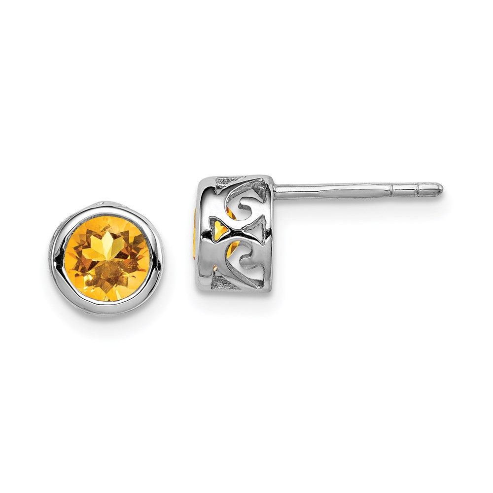 QE12625CI Sterling Silver Rhodium-plated Polished Citrine Round Post Earrings