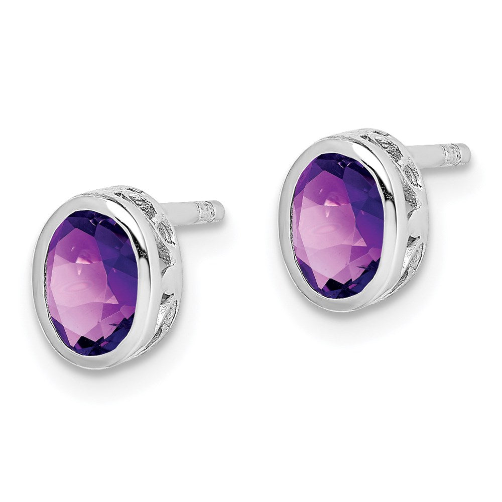 QE12626AM Sterling Silver Rhodium-plated Polished Amethyst Oval Post Earrings