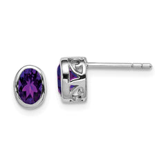 QE12626AM Sterling Silver Rhodium-plated Polished Amethyst Oval Post Earrings