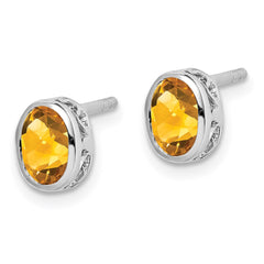 QE12626CI Sterling Silver Rhodium-plated Polished Citrine Oval Post Earrings