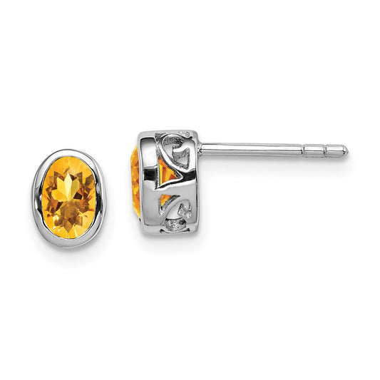 QE12626CI Sterling Silver Rhodium-plated Polished Citrine Oval Post Earrings