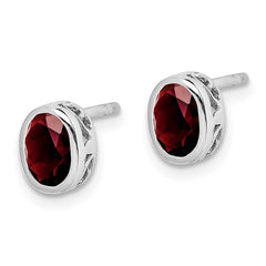 QE12626GA Sterling Silver Rhodium-plated Polished Garnet Oval Post Earrings