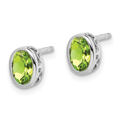QE12626PE Sterling Silver Rhodium-plated Polished Peridot Oval Post Earrings