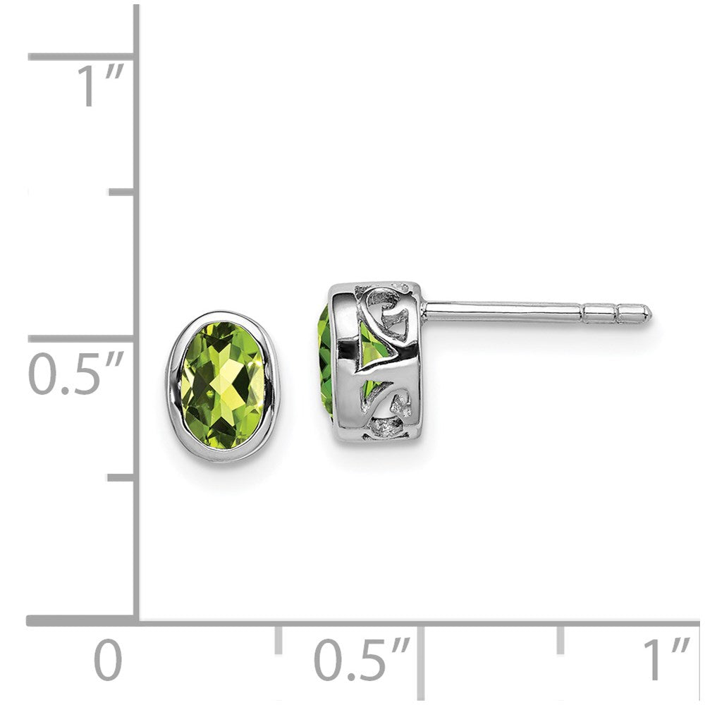 QE12626PE Sterling Silver Rhodium-plated Polished Peridot Oval Post Earrings